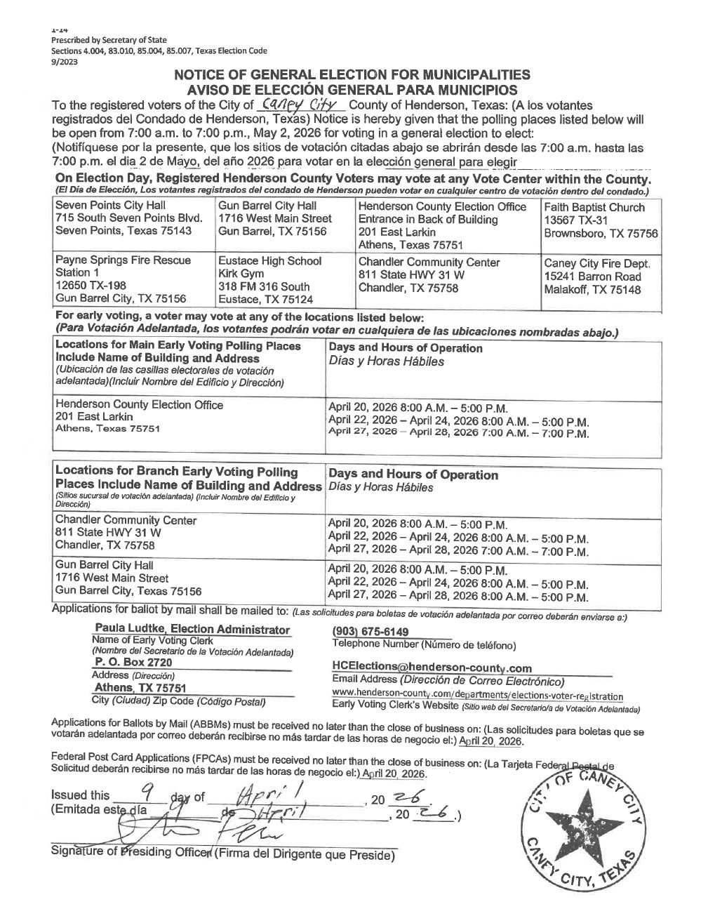 Notice of May 2 General Election